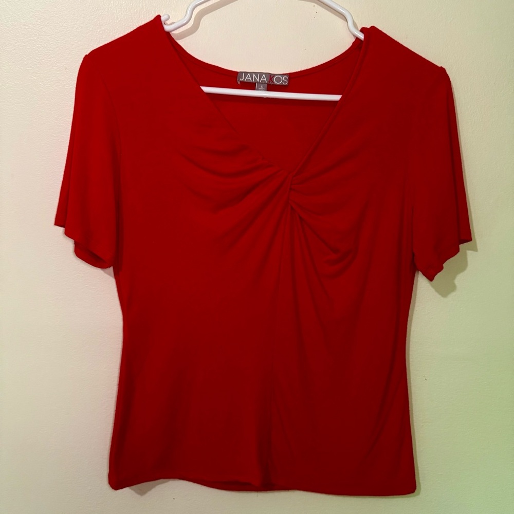Jana Kos Red Twist-Front Bamboo Blend Top, Retired Design, Size Small
